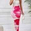 strapless floral maxi dress white and pink