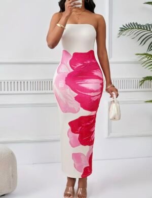 strapless floral maxi dress white and pink