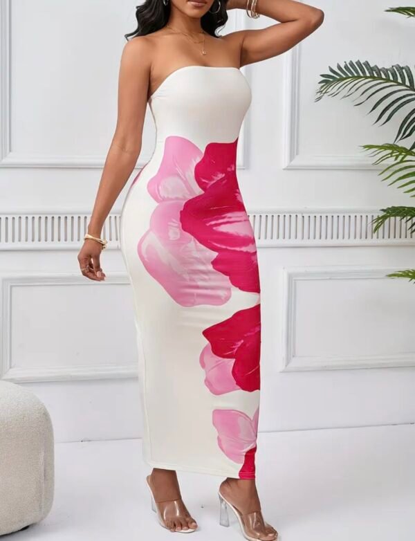 strapless floral maxi dress white and pink