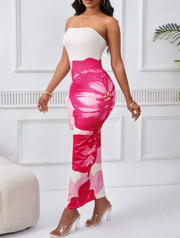 strapless floral maxi dress white and pink