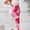 strapless floral maxi dress white and pink