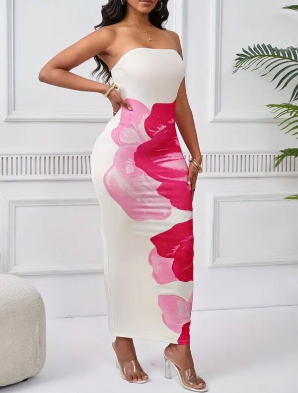 strapless floral maxi dress white and pink
