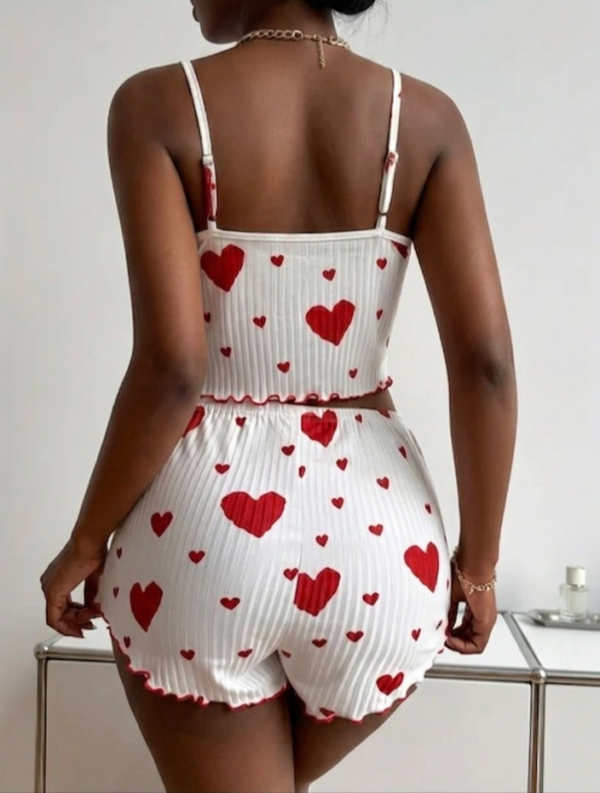 women’s two piece heart print pajama set – white & red