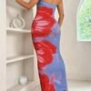strapless floral maxi dress royal blue