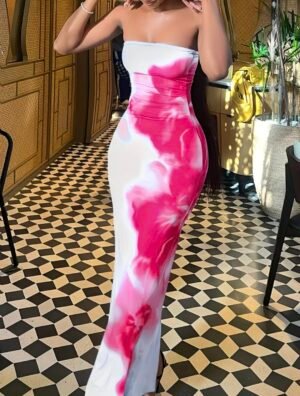 strapless mixed colors maxi dress white and pink