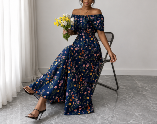 elegant floral off shoulder maxi dress (blue)