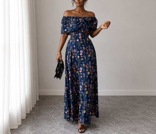 elegant floral off shoulder maxi dress (blue)
