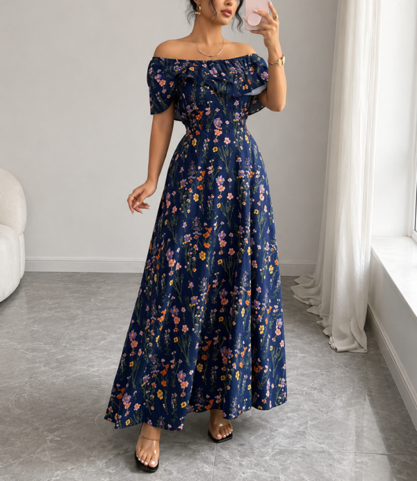elegant floral off shoulder maxi dress (blue)