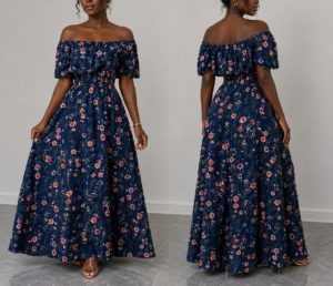 elegant floral off shoulder maxi dress (blue)