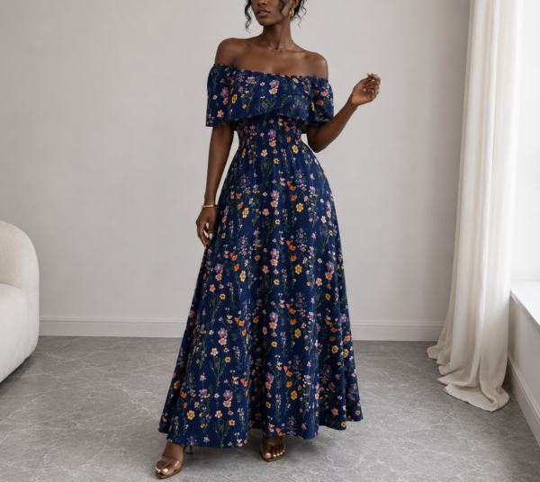 elegant floral off shoulder maxi dress (blue)