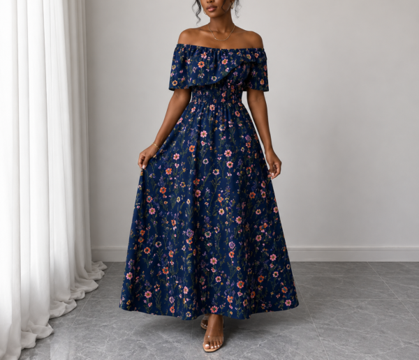 elegant floral off shoulder maxi dress (blue)