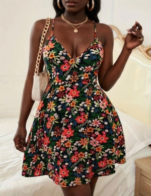 floral backless black mini dress