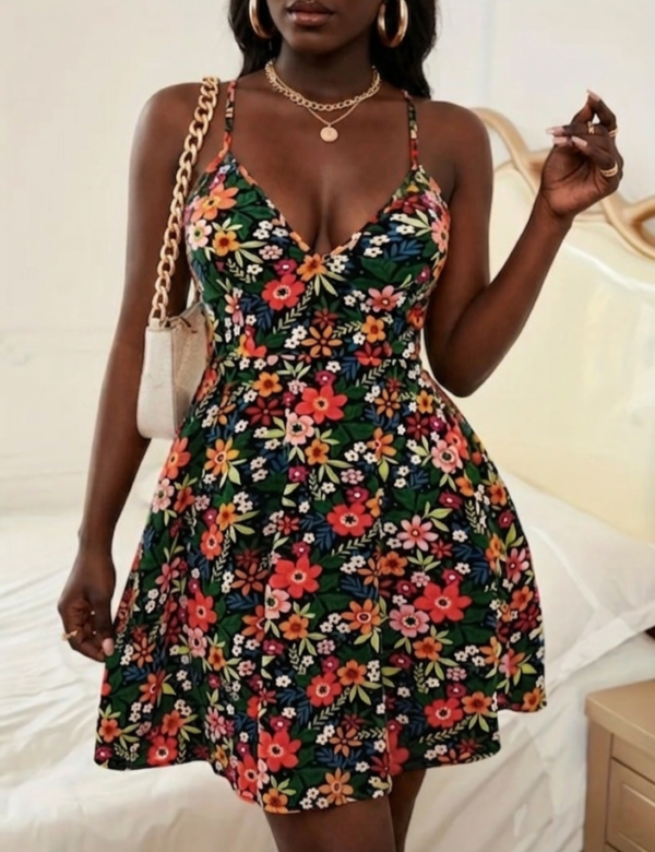 floral backless black mini dress