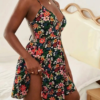 floral backless black mini dress
