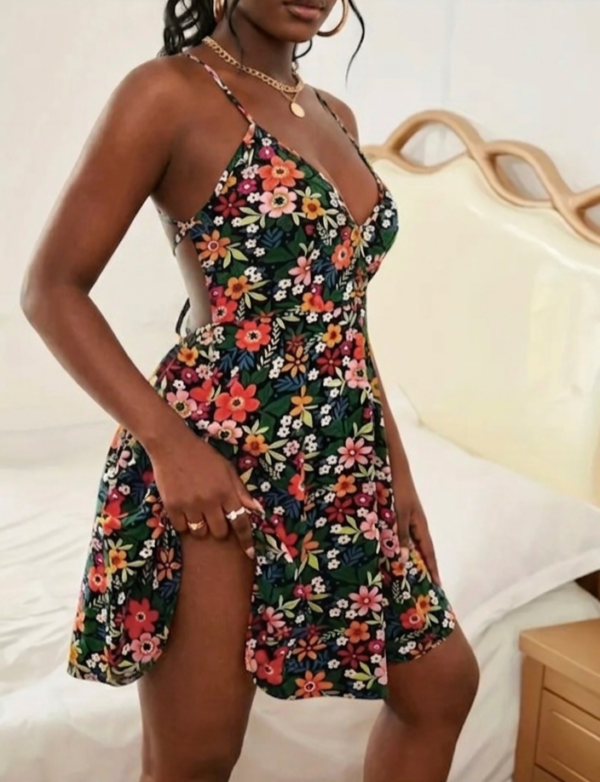 floral backless black mini dress