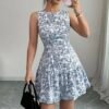 floral backless blue mini dress