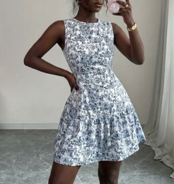 floral backless blue mini dress