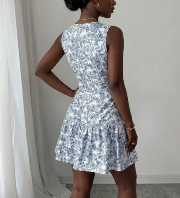 floral backless blue mini dress