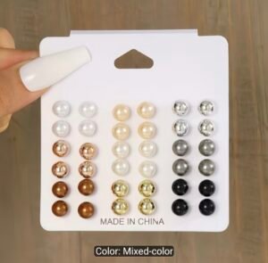 pearl & metallic stud earrings set – 12 pairs