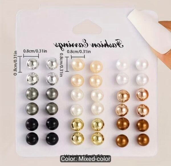 pearl & metallic stud earrings set – 12 pairs