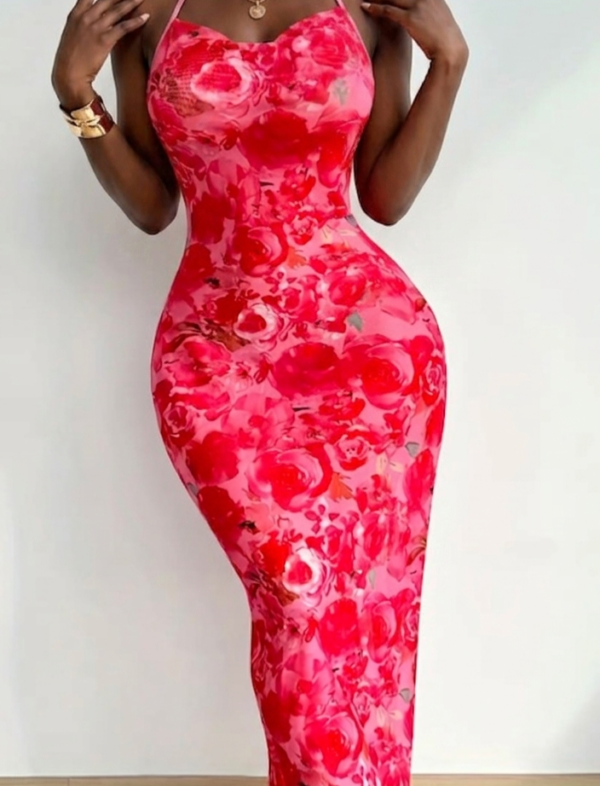 pink floral bodycon maxi dress
