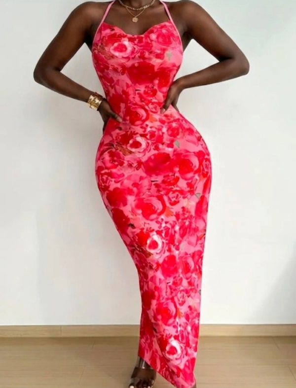 pink floral bodycon maxi dress