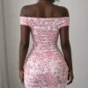 pink floral off shoulder mini dress