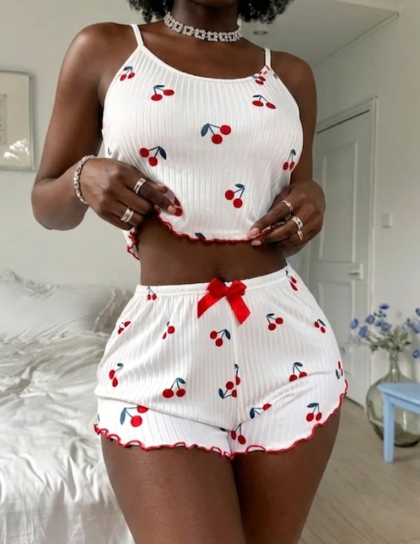 women’s two piece heart print pajama set – cherry