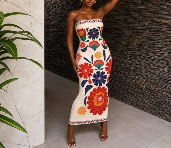 strapless floral maxi dress – beige
