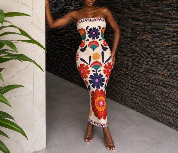 strapless floral maxi dress – beige