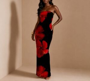strapless mixed colors maxi dress black and red