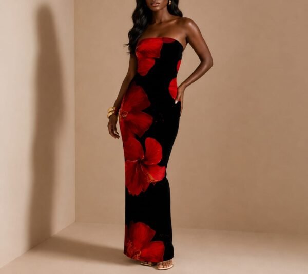 strapless mixed colors maxi dress black and red