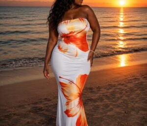 strapless mixed colors maxi dress white and orange