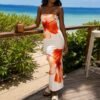 strapless mixed colors maxi dress white and orange