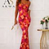 women’s geometric print maxi multi dress – tie strap bodycon mermaid dress