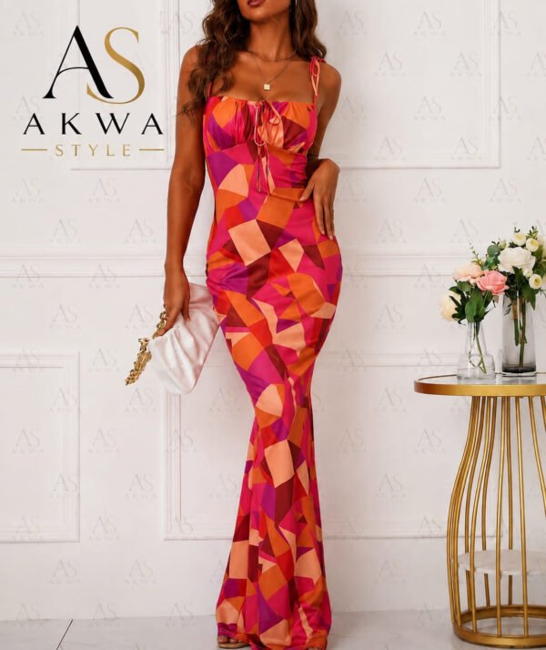 women’s geometric print maxi multi dress – tie strap bodycon mermaid dress