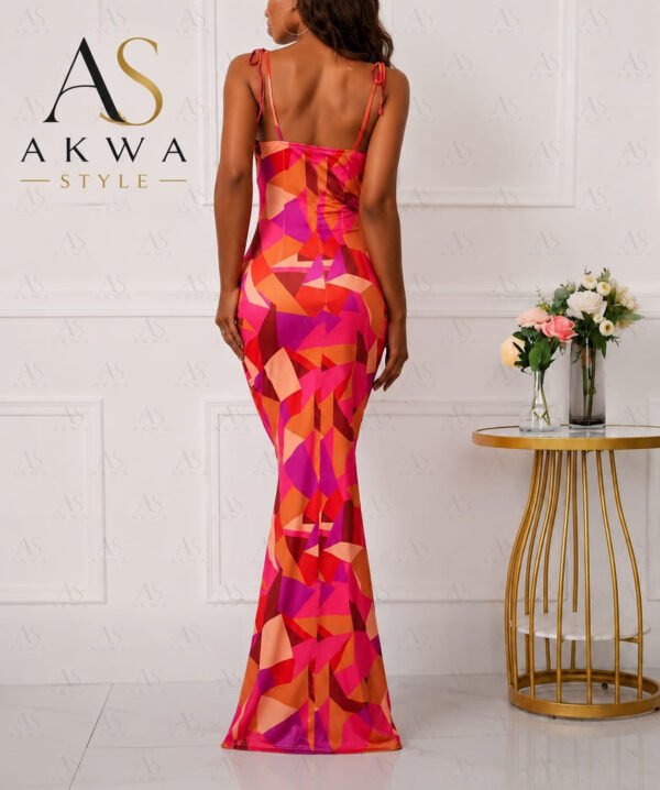women’s geometric print maxi multi dress – tie strap bodycon mermaid dress