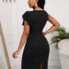 women's elegant black ruffle shoulder bodycon midi dress – ruched side formal party dress