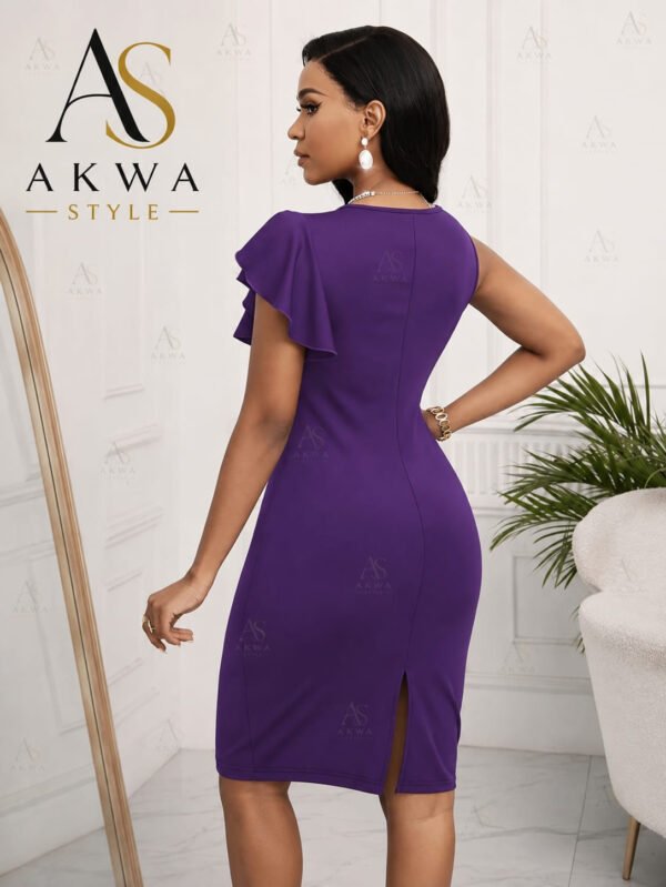 women's elegant purple ruffle shoulder bodycon midi dress – ruched side formal party dress