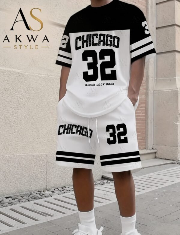men’s chicago 32 two piece short set – short sleeve graphic t shirt & matching shorts in white an black