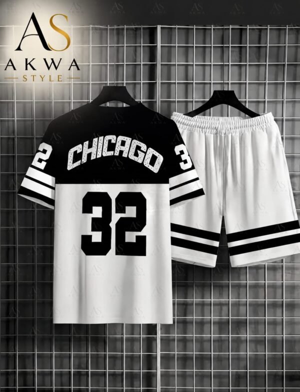 men’s chicago 32 two piece short set – short sleeve graphic t shirt & matching shorts in white an black