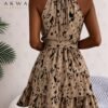 women’s beige halter neck printed mini dress with tie waist – tiered a line dress
