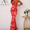 women’s geometric print maxi multi dress – tie strap bodycon mermaid dress