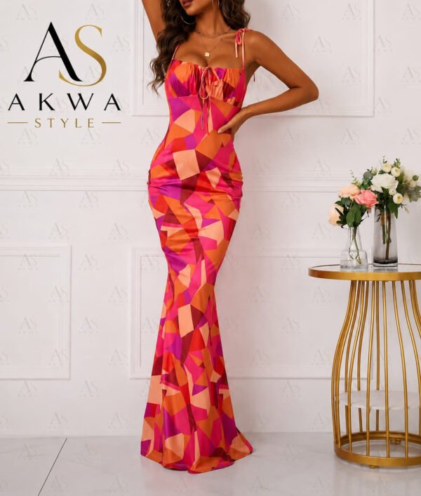 women’s geometric print maxi multi dress – tie strap bodycon mermaid dress