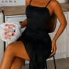women’s black asymmetric ruffle mini dress – spaghetti strap bodycon dress