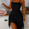 women’s black asymmetric ruffle mini dress – spaghetti strap bodycon dress